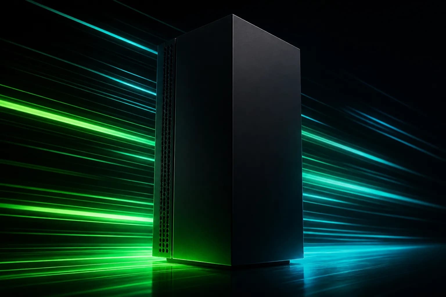 A matte black tower console streaked with green and cyan speed lines in a dark room, the Series X frame-rate question.