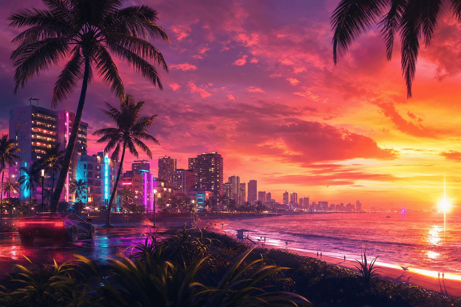 A neon Vice City sunset skyline, representing GTA 6's price and editions.